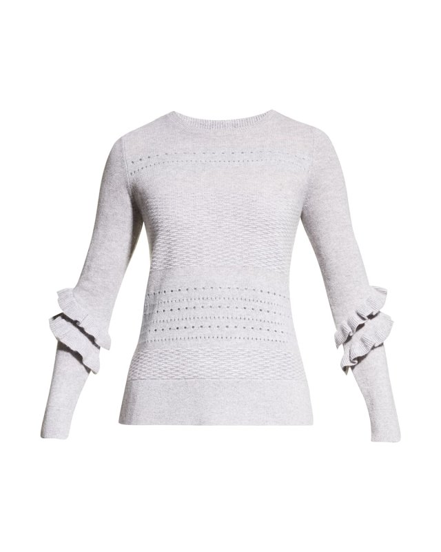 Pointelle Ruffle-Trim Cashmere Sweater